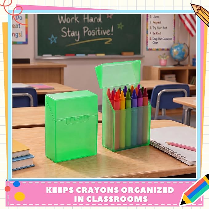 Clabby 2 Pcs Plastic Crayon Organizer Case for 24 Count Crayons Kids Art Supply Storage Box with Lid, Portable Holder for Classroom Home Travel, Fits Standard 24-Pack Crayon (Green)