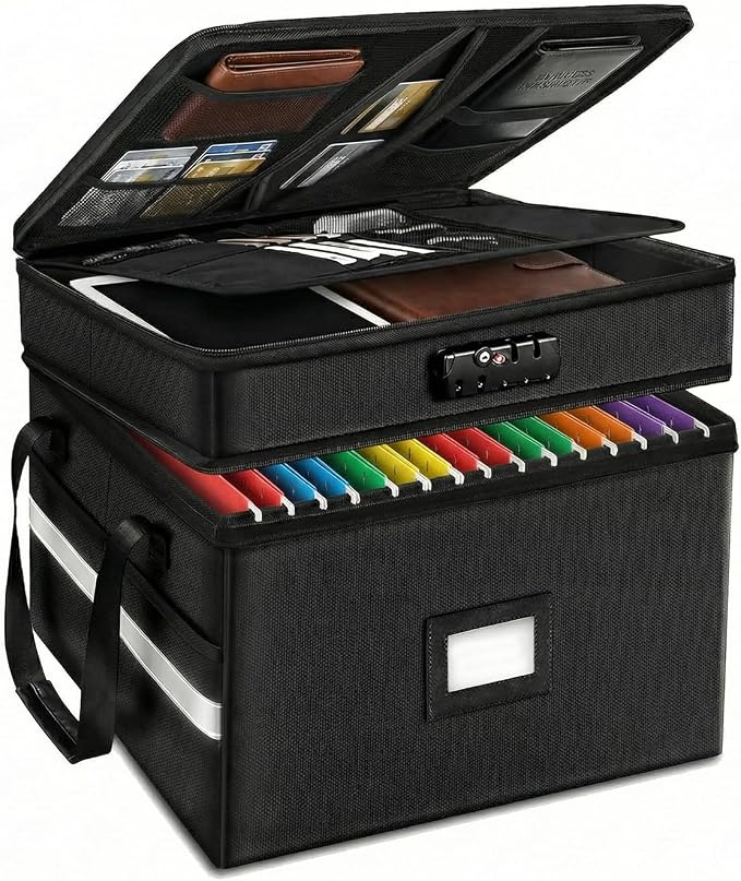 novelinks File Box with Lock, Fireproof Document Box for Home Office,Collapsible Storage Box with Mesh Pockets & Zipper & Handle, Cabinet for Hanging Letter/Legal Folder,Black (Double-layer)