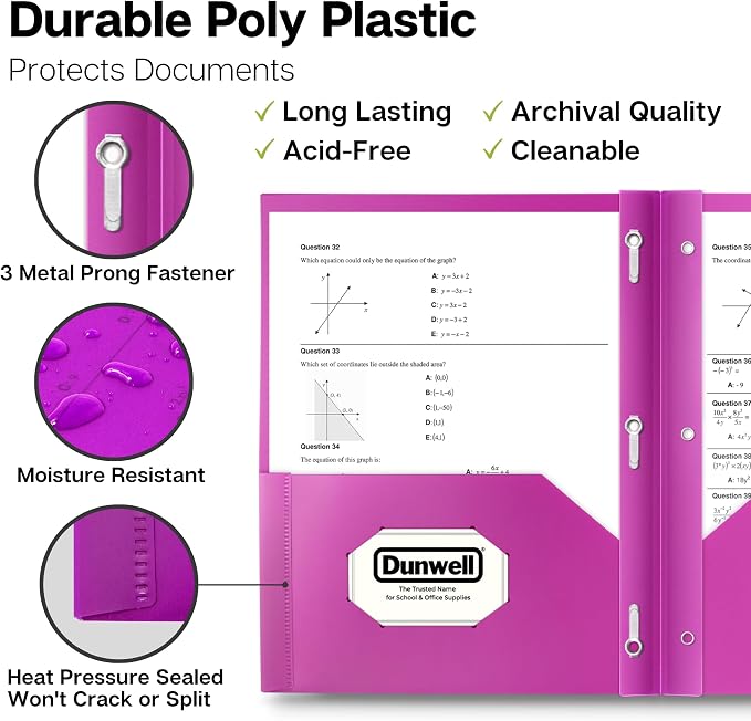 Dunwell Plastic 2 Pocket Folders with 3 Prongs, (12 Pack, Assorted Colors), Tear-Resistant, Long Lasting Acid-Free Poly 3-Clasp Folders with Fasteners, Labels Included