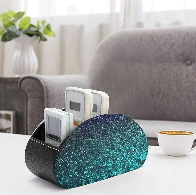 Teal Glitter Remote Control Holder - PU Leather Remote Caddy with 5 Compartments Multi-functional Office Desk Storage Caddy Store TV, DVD, Blu-Ray, Media Player
