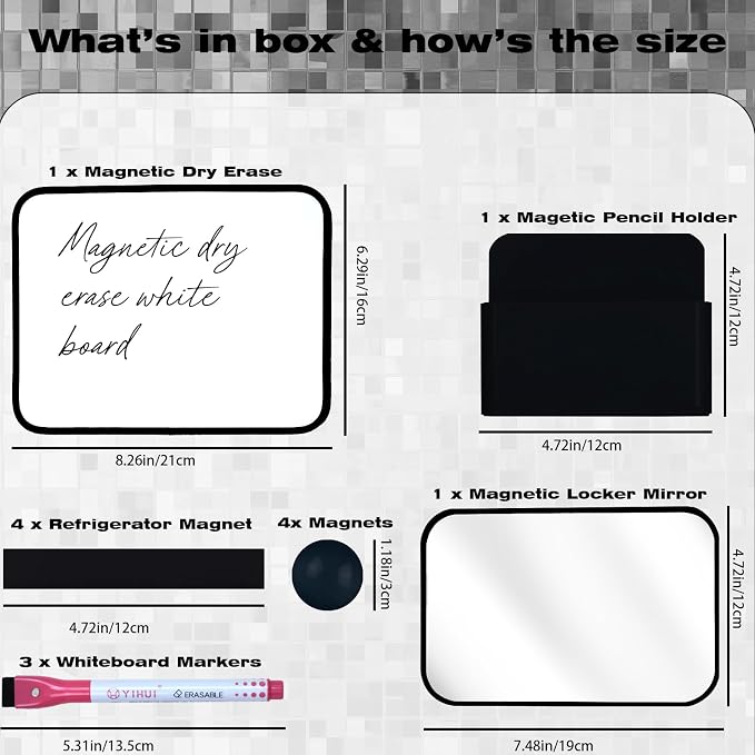 Denylo pro Magnetic Locker Accessories Kit Back to School Essentials Locker Organizer Supplies Includes Whiteboard Mirror Storage Box Dry Erase Marker and More for Back to School Essentials，Black