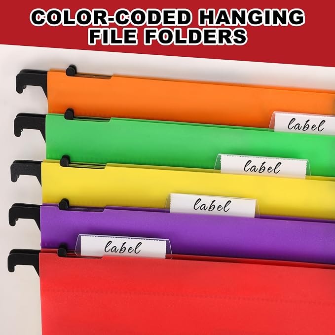 Navona Plastic Hanging File Folders, 5 Pack Extra Capacity 2" Expanding Pockets, Heavy Duty Letter Size with Clear Tabs, 5 Assorted Colors for Home Office Filing Cabinets