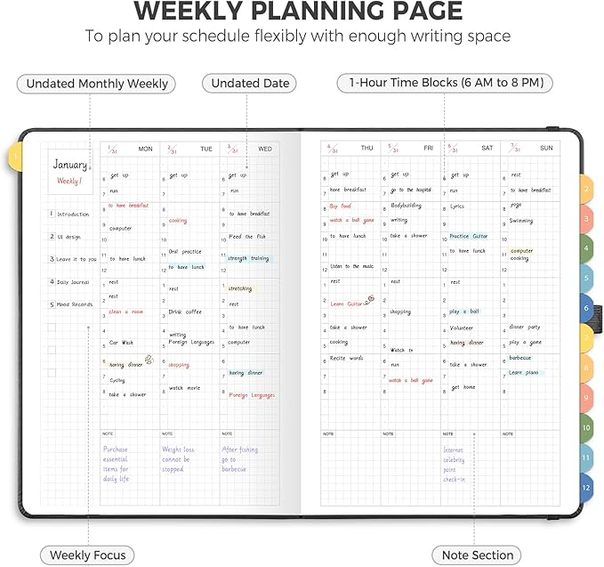 Undated Appointment Book, Hourly, Daily, 52 Weekly & 12 Monthly Planner, 6 AM - 8 PM, Medium Size (5.7" x 8.3"), Leather Hardcover, 12 Self-adhesive Monthly Tabs (Black)