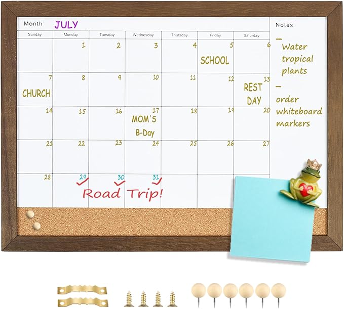 Dry Erase Calendar Whiteboard for Wal, Small Combination Dry Erase White Board & Bulletin Board, 10.5" x 14.5" Rustic Brown Framed Calendar/Cork Combo Board(ZHYL-RB-2737)