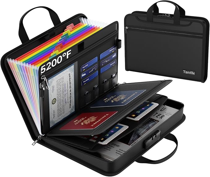 Fireproof Accordion File Organizer with Lock, 5200℉ Document Organizer | Thickened, 13 Colorful Pocket, with Zipper & Labels, Important Document Organizer, Expanding File Folder, with Handle, Black