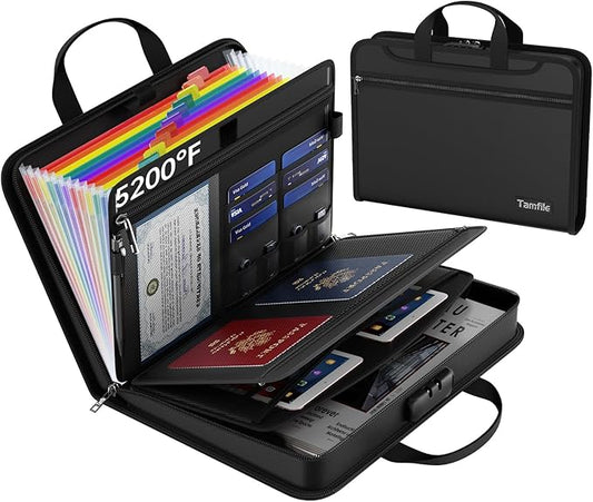 Fireproof Accordion File Organizer with Lock, 5200℉ Document Organizer | Thickened, 13 Colorful Pocket, with Zipper & Labels, Important Document Organizer, Expanding File Folder, with Handle, Black