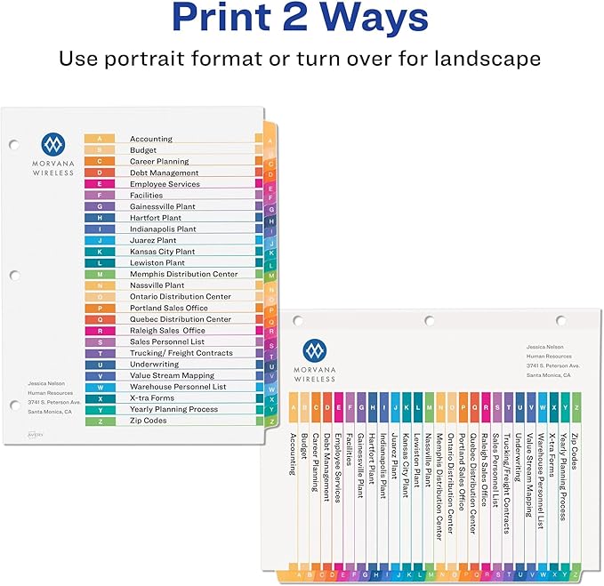 Avery A-Z Dividers for 3 Ring Binders,26 Tabs per Set,Customizable Table of Contents,Multicolor Tabs,Great for Organizing Reports,Projects,and More (11125),(Pack of 12)