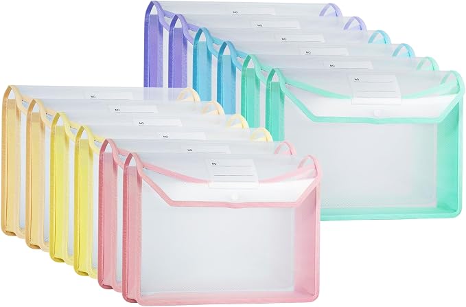 Plastic Expanding File Folder, Clear Envelopes Fit Letter & A4 Size, Folders for Documents with Snap Closure, No Dividers, Large Capacity (12, Mixed Colors)