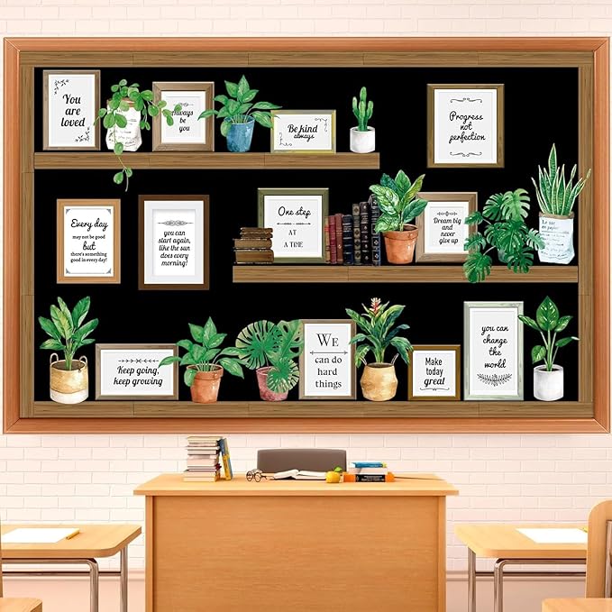 GOLDGAO Bookshelf Bulletin Board Set Back to School Plant Motivational Classroom Decoration Reading Poster Potted Plant Back to School Cutouts for Library Office Chalkboard Wall Door Decor Supply