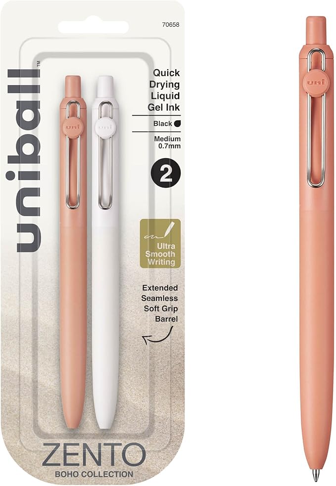 Uni-ball Zento Gel Ink Rollerball Pens, 2 Black Medium Point Smooth Writing Pens, Colored Japanese Pens, Boho Colors