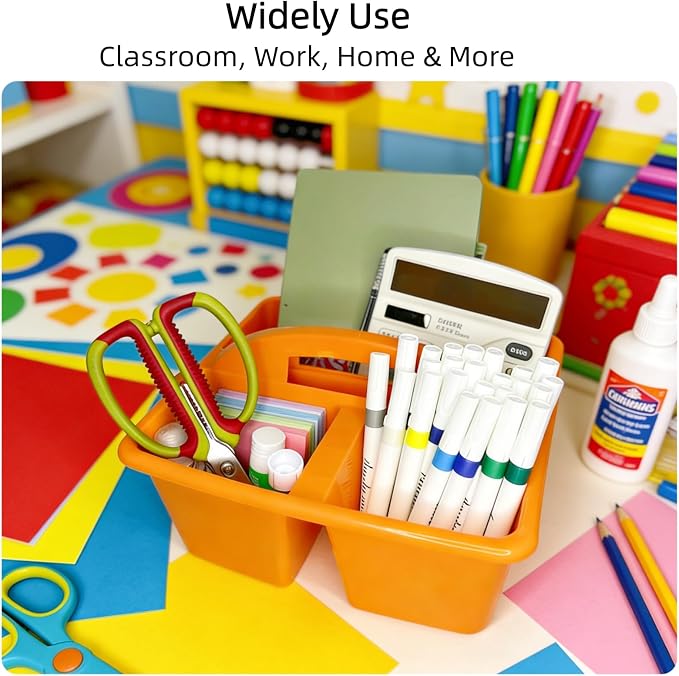 6 Pack Classroom Caddy with Handle, Plastic Storage Caddy Organizer with 3 Compartments, Desk Caddies Portable Storage Bin for Pencil, Crayon, Marker, Home, Office, Classroom Supply, Rainbow Colors