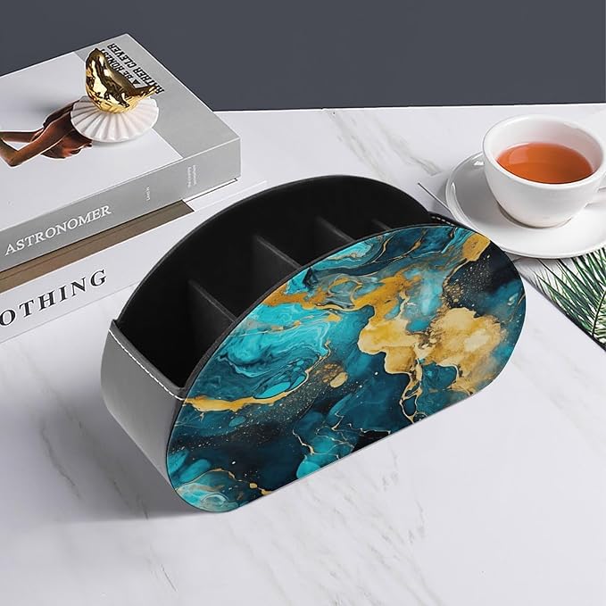Remote Control Holder,Turquoise And Gold Printed PU Leather Remote Caddy Desktop Organizer with 5 Compartments for Media Accessories & Office Supplies Storage