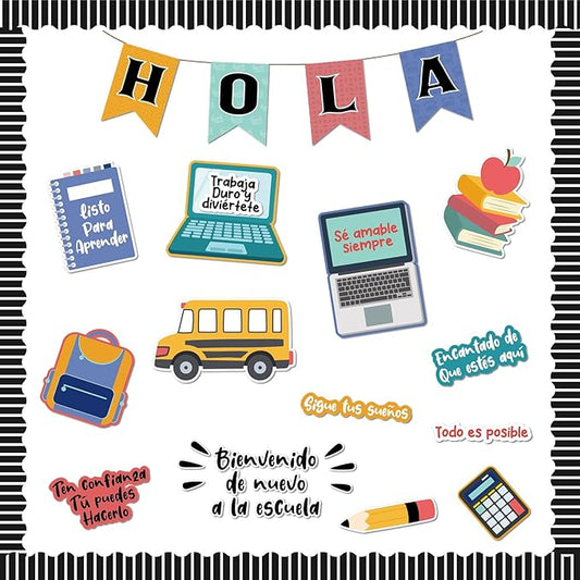 Sayglossy 55 Pcs Spanish Classroom Decor Back to School Bulletin Board Sets Colorful Pencil Notebook Schoolbag Cutouts First Day of Bulletin Board Supplies for School Chalkboard Wall Door Decor