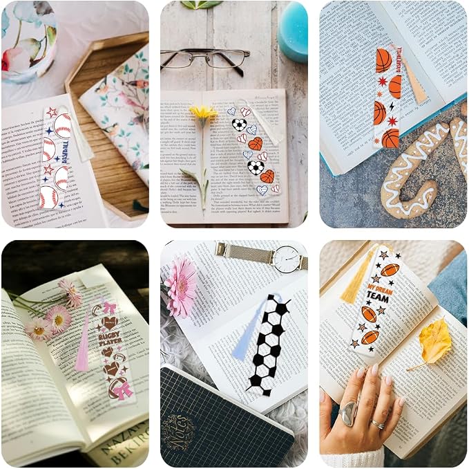 Peacoblue 30pcs UV DTF Bookmarks Transfer Stickers Wraps Sport Ball Series for Women Men Reading, Waterproof Bookmarkers Decal(No Blank Bookmarks) for Acrylic Plastic Metal Blank Bookmark