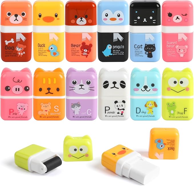 CCINEE 12 Pcs Pencil Erasers,Cute Erasers with Cover and Clean Up Shaving Roller for School Gift Supplies Classroom Prizes