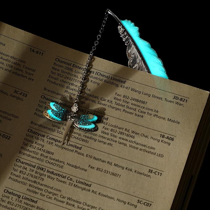 Jeffdad Feather Metal Bookmark with 3D Dragonfly Pendant, Glow in The Dark Butterfly, Fantasy Gifts for Women Girls, Cool Bookmarks for Book Lovers (Silver Dragonfly)