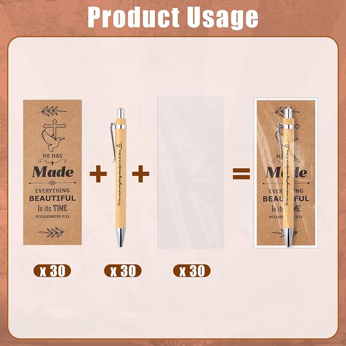 Haooryx Christian Bible Pen Bookmark - 30-Piece Christian Bible Verse Bamboo Inspirational Pen Scripture Biblical Bookmark Set Sunday School Church Religious Multi-Item Party Favor Packs Gifts Bulk