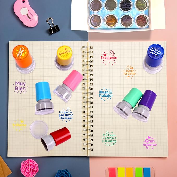 Fancy Land Teacher Stamps Spanish Self Inking Stamp for Classroom Grading Stamps Gift Set Motivation Stampers for Teachers Students Signature Homework Test Reward Supplies School 8pcs