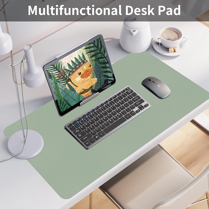 Bloss Leather Desk Mat, Large Mouse Pad, Non-Slip Desk Protector Mat, Leather Desk Blotter, Waterproof Desk Pad for Office Home Decor/Grey Green(35.4×15.7 Inches)