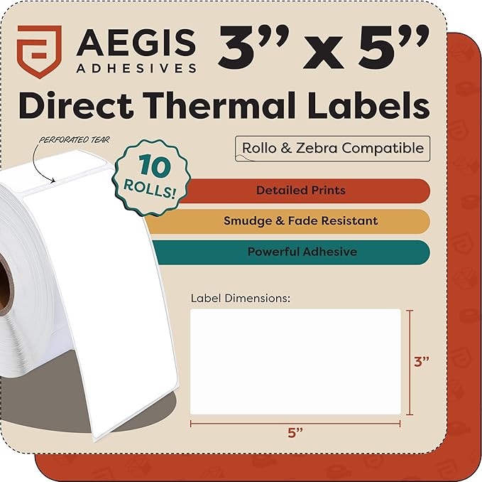 Aegis Adhesives - 3" X 5" Direct Thermal Labels (3000 Count, 10 Rolls) - Address Shipping and Barcode Labels, Thermal Sticker Roll for Small Packages - Compatible with Zebra and Rollo Printers