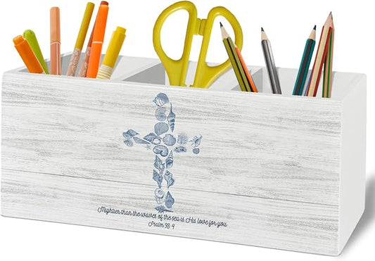 Coastal Beach Christian Pen Pencil Holder Organizer for Desk Accessories, Religious Seashell Cross Bible Verse Wooden Box Sign Desk Decor for Home Office Decoration, Christian Gifts for Women