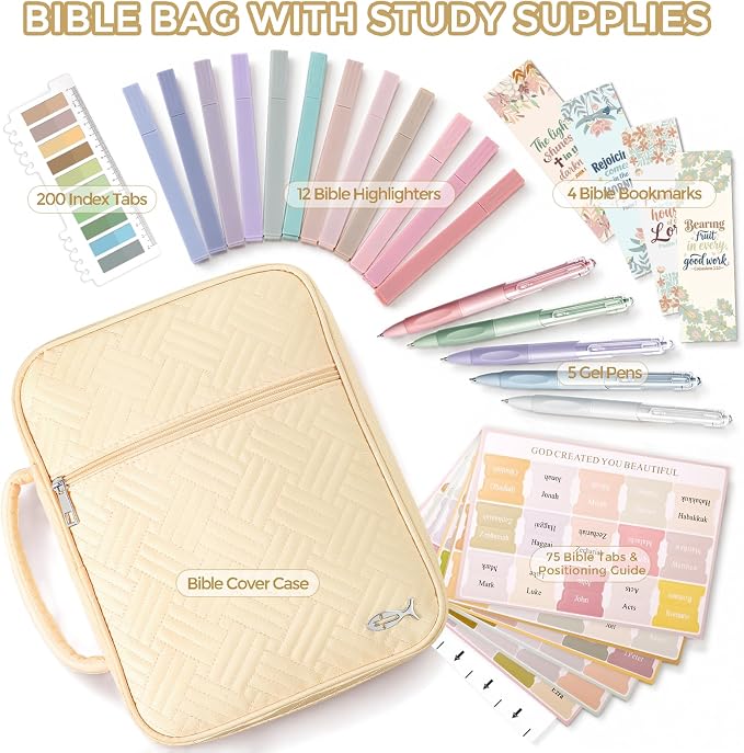 XKDOUS Bible Cover Case for Women, Large Bible Cover with Durable Handle, Washable Quilted Bible Case, Bible Study Supplies & Christian Gifts for Mom, Women, Men (Light Yellow)