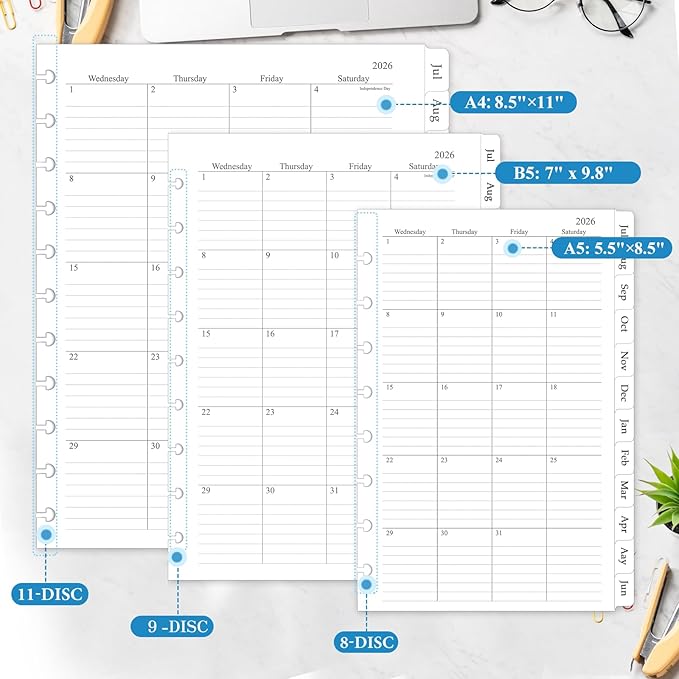 2026-2027 Monthly Planner Refill, A5 Medium Size Planner Inserts for 8-Disc Discbound, 5.5"x8.5", Jul. 2026 - Dec. 2027, 18 Monthly Calendars with Laminated Tabs