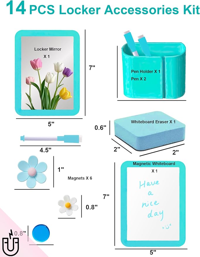 Locker Accessories Kit for Girls, 14PCS Back to School Supplies Includes Magnetic Whiteboard, Mirror, Pen Holder, Markers, Magnets, Locker Organizer & Decorations for School Locker Home Office-Blue