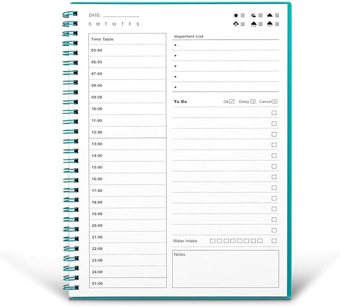 Daily Planner Undated, To Do List Notebook with Hourly Schedule, Time Management Manual and Planner, Personal Organizers, 7.6"x10.2", 48 Sheets/96 Pages, Green
