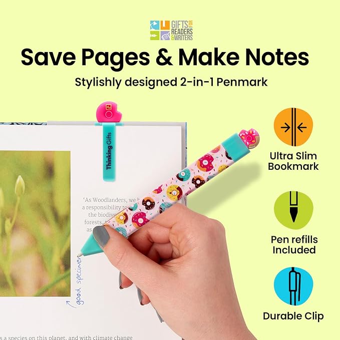 Gifts for Readers & Writers Pen Bookmark, Page Marker & Flat Writing Pen for Journal Notebook & Planner, Penmark Reading Accessory for Making Book Annotations, Donut