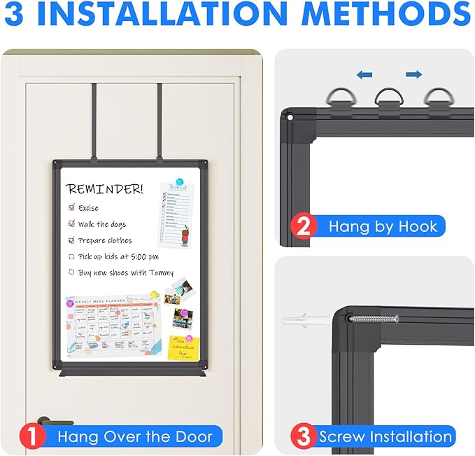 Magnetic Dry Erase Board for Doors, 24x18 Inch Whiteboard with Adjustable Long Arm Hook Mount - Easy to Install, Portable Hanging White Board for Home, Dorm Room, Office Cubicle & Small Spaces(Black)