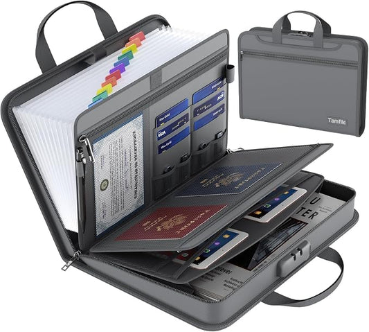 Fireproof Accordion File Organizer with Lock, 5200℉ Document Organizer | Thickened, 13 Clear Pocket, with Zipper & Labels, Important Document Organizer, Expanding File Folder, with Handle, Black