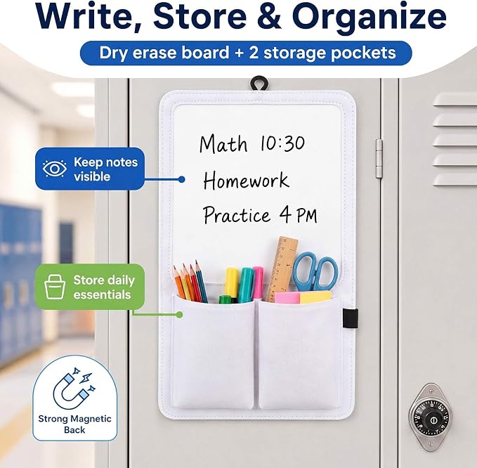 Briwooody Magnetic Locker Organizer 7.8 x 12.6 Inch Locker Accessories Magnetic White Board with Holder Bag Back to School Holder Bag First Day of School Supplies for Cabinet Refrigerator(White)