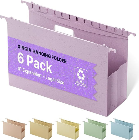 XINGIA Legal Size Hanging File Folders, Expandable 4 Inch File Folders Legal Size with Tabs, 6 Pack File Folders for Filling Cabinets, Hanging File Folder Organizer for School Office Home