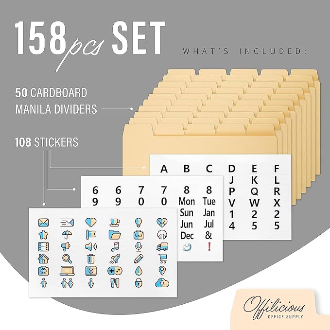 50 Heavyweight Manila Index Card Dividers 3x5 with Tabs & Alphabet Stickers for Recipe Cards