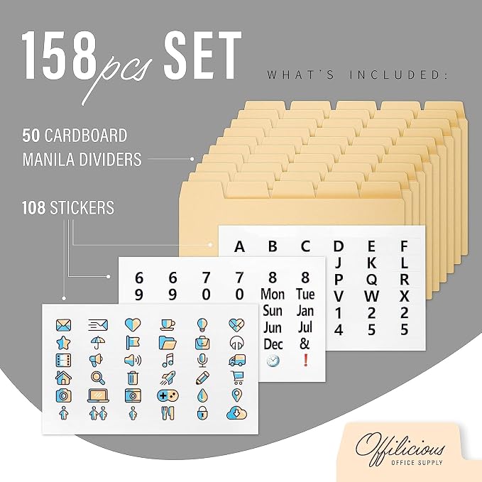 50 Heavyweight Manila Index Card Dividers with Tabs, 4x6 Blank, 108 Stickers - Monthly, Recipe & Greeting Card Dividers