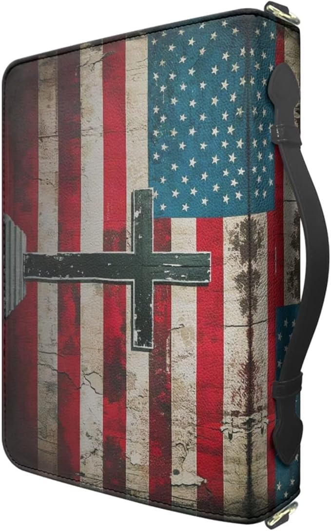 PU Leather Bible Carrying Case for Men, Medium Bible Cover with Strap and Handle, God Bless America Vintage Print Book Organizer with Inner Pockets and Pen Loop, Biblia Study Supplies