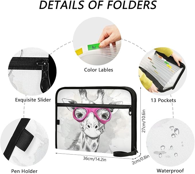 Giraffe with Goggles Accordion File Organizer Expanding Document Folder with 13 Pockets Portable File Folder for A4 Letter Size