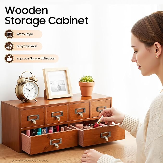 6 Vintage Desktop Storage Cabinet, Vintage Desktop Organizer Wood Desktops Organizers Library Card Catalog Cabinet with Metal Handles & Label Slot for Herb Storage Tea Collection Stationery Jewelry