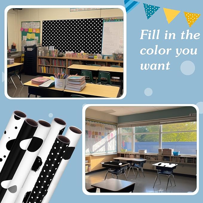 Skyygemm 6 Rolls Classroom Bulletin Board Paper Roll Polka Dot 4 x 12 ft Fade Resistant Colored Background Paper Bulk for Art Decor Drawing Craft(Black White)