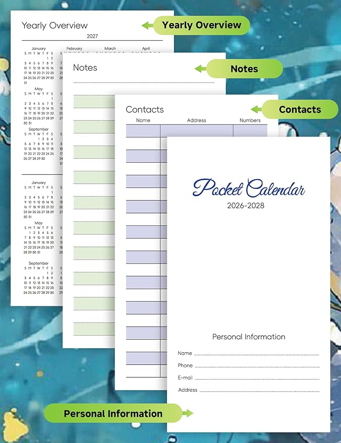 Pocket Calendar 2026-2028 Floral Series, Monthly Planner Jan 2026 to Jul 2028 (3.7" x 6.7") Perfect Purse Calendar, Pocket Agenda with Protective Plastic Sleeve-Blue Floral