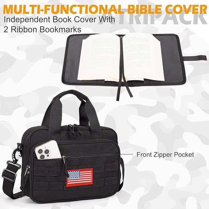 ATRIPACK Tactical Large Bible Cover for Men,Double Layer Bibles Bag With Detachable Book Carrying Case, Covers for Bible Organizer with Zippered Pockets,Church Case with Handle.