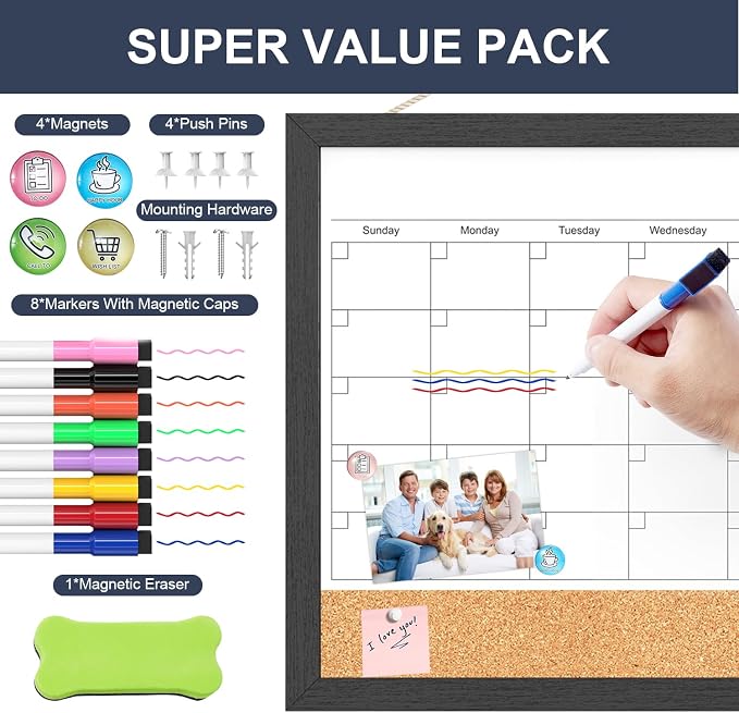 Dry Erase Calendar for Wall, 17x13 Inches Calendar Whiteboard for Wall, Small Magnetic White Board Corkboard with Wood Framed, Hanging Dry Erase Board for Kitchen Home Office School Planner