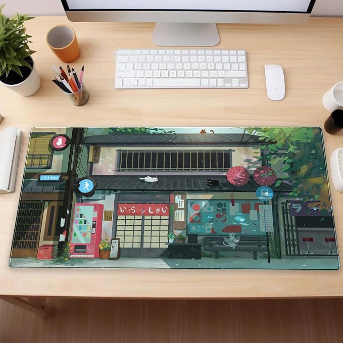 Kawaii Anime Cat Gaming Desk Mat Pad, Vibrant Green, XL 31.5"x15.7" | Mouse & Keyboard Pad, Stitched Edge, For Home Office & Computer Gaming Setup
