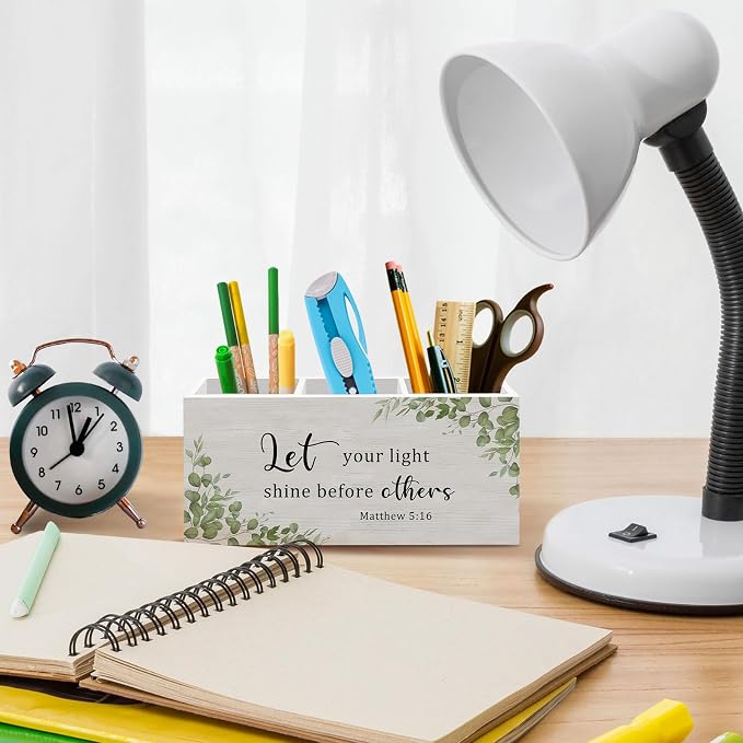 Green Eucalyptus Pen Pencil Holder for Desk, Sage Green Christian Office Desk Accessories Decor, Let your light shine before others Pen Holders Organizer for Home Classroom Bathroom