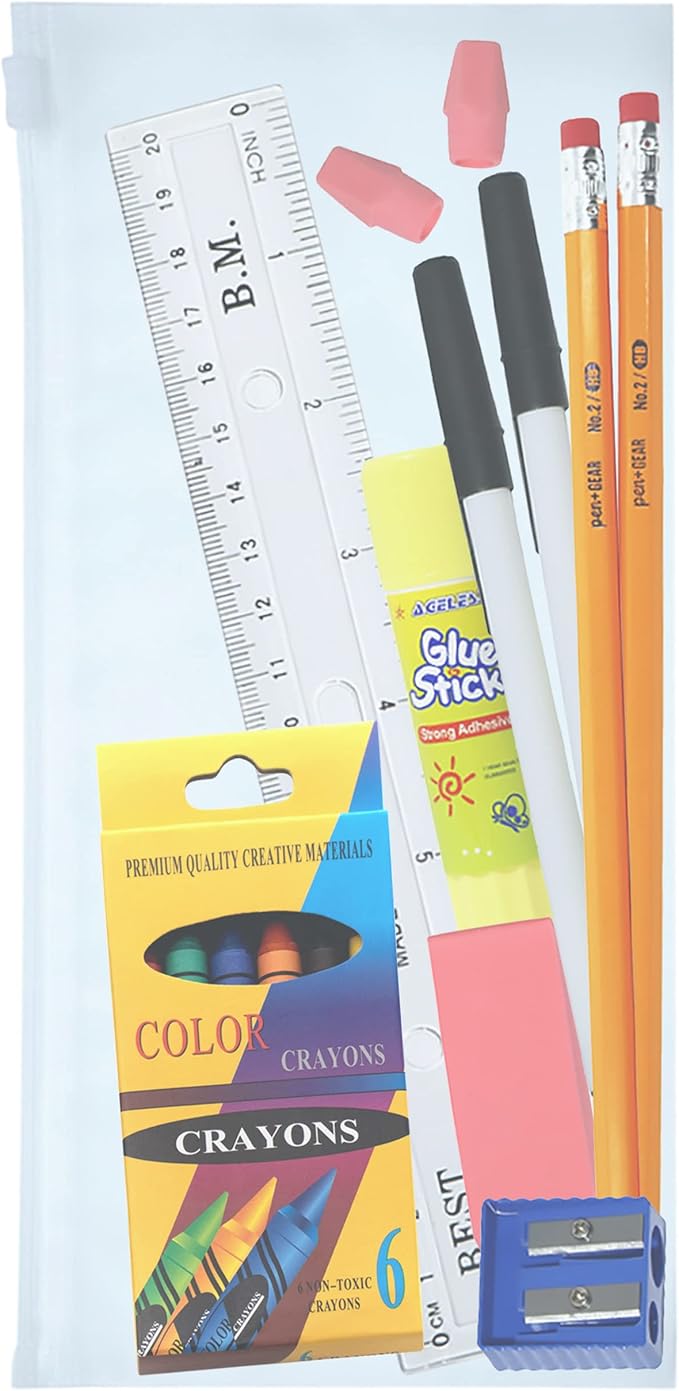 18 Piece Bulk School Supplies Kit for K-12 - Essential Box of School Supplies for Elementary, Middle, and High School Students - Pens, Pencils, Crayons