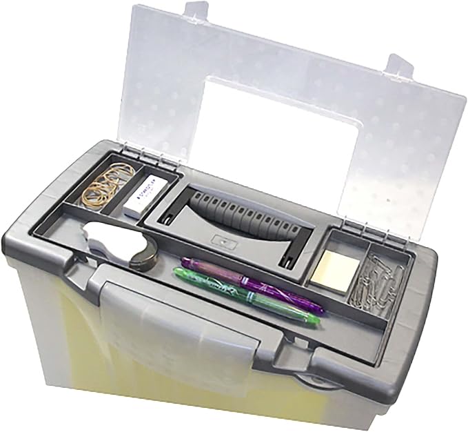 Storex Portable File Box with Organizer Lid, 17.13 x 9.63 x 11 Inches, Frosted/Silver (61511A01C)