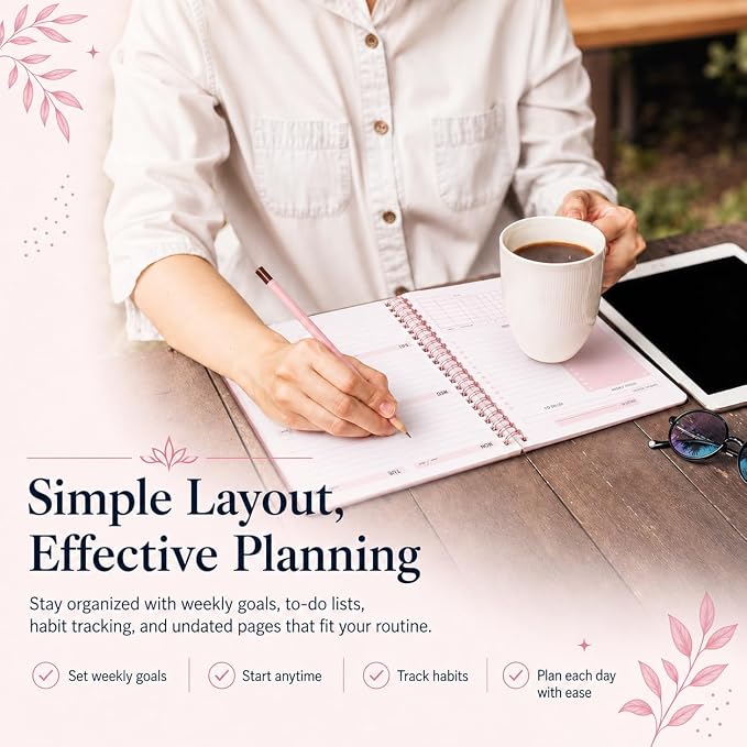 Undated Weekly Planner Notebook, 52-Week To-Do List Organizer with Weekly Goals, Habit Tracker and Priority Planner, Spiral Bound 5.7" x 8" Planner for Women and Men