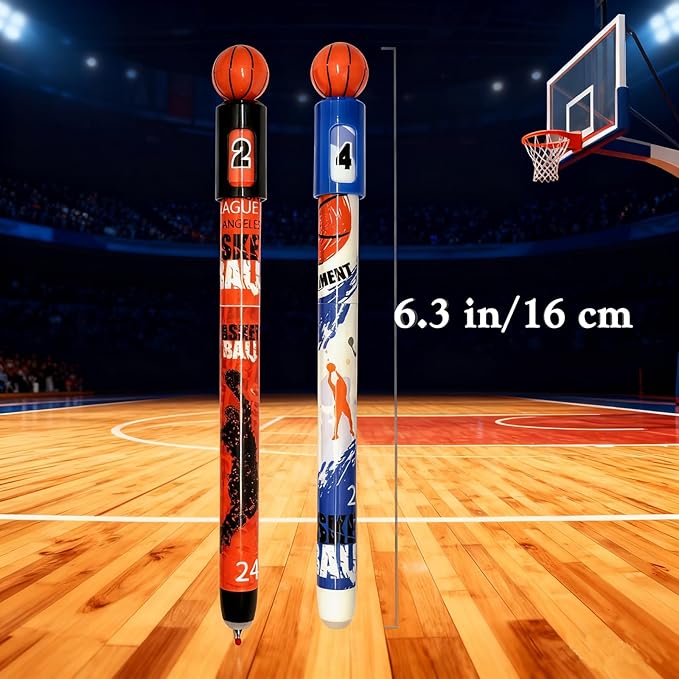 Pack 8 Funny Spin Basketball Rollerball Pens, Erasable Gel Pen Blue Ink 0.5mm, Rotatable Sports Pen, Slam Dunk Design for Boys School Office, Basketball Fans, Clubs,
