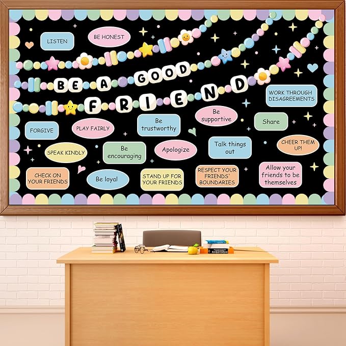 Friendship Bracelet Bulletin Board Set Pastel Back to School Classroom Decoration Motivational Be a Good Friend Friendship Bracelet Bulletin Board Cutouts for Classroom School Chalkboard Wall Decor